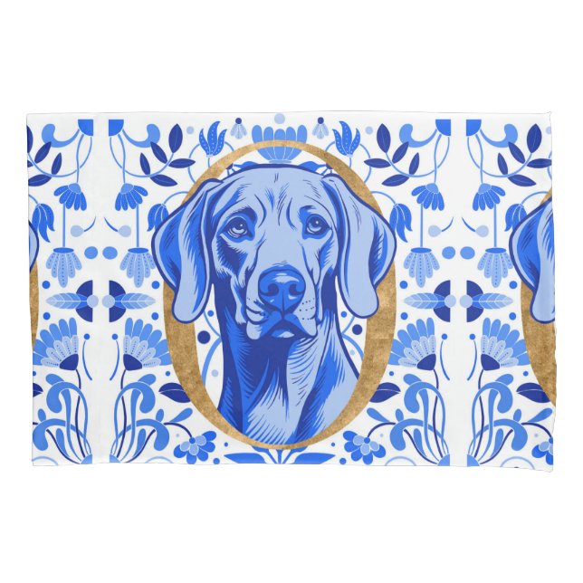 Weimaraner peering thru the letter "O" in Gold Pillow Case (Front)