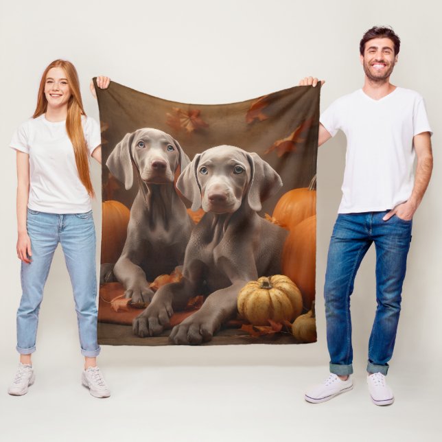 Weimaraner Puppy Autumn Delight Pumpkin Fleece Blanket (In Situ)