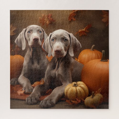 Weimaraner Puppy Autumn Delight Pumpkin Jigsaw Puzzle