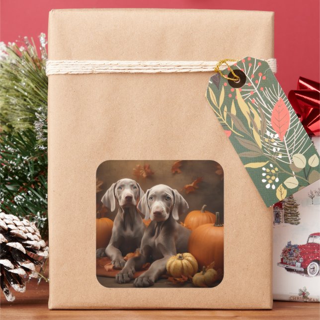 Weimaraner Puppy Autumn Delight Pumpkin Square Sticker (Holiday)