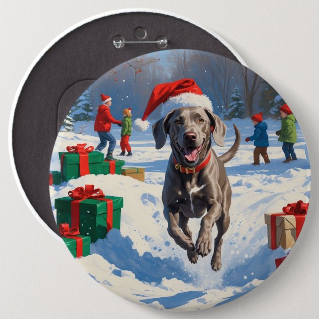 Weimaraner Running in Snow with Christmas Hat Button (Front & Back)