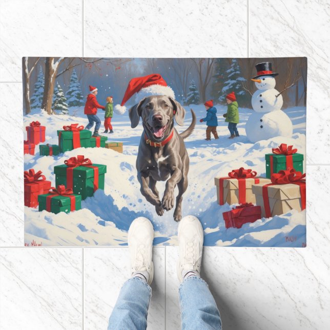 Weimaraner Running in Snow with Christmas Hat Doormat (Indoor)