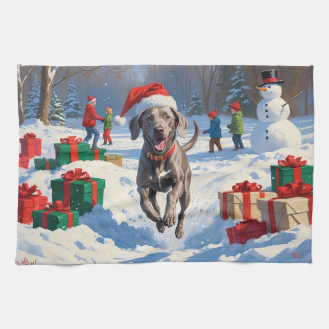 Weimaraner Running in Snow with Christmas Hat Kitchen Towel (Horizontal)
