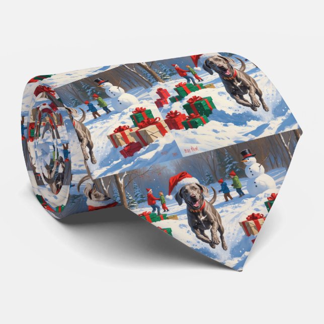 Weimaraner Running in Snow with Christmas Hat Neck Tie (Rolled)