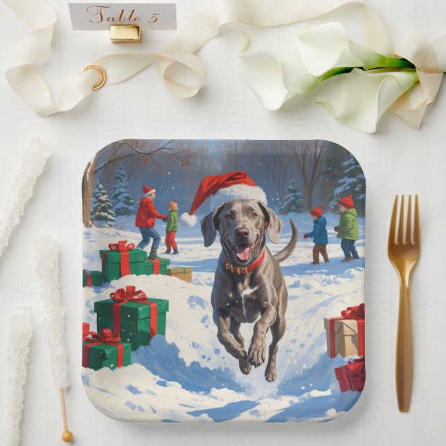 Weimaraner Running in Snow with Christmas Hat Paper Plates (Wedding)