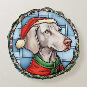Weimaraner Stained Glass Christmas Round Pillow