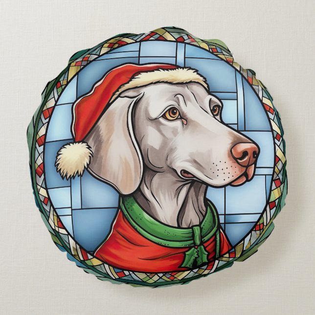 Weimaraner Stained Glass Christmas Round Pillow (Back)