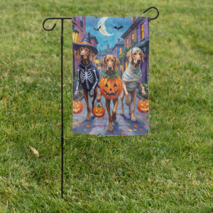 Weimaraner Trick-or-Treating in Halloween Costumes Garden Flag