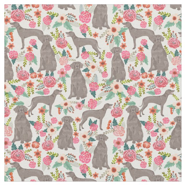 weimaraner vintage florals cream fabric (Close Up)