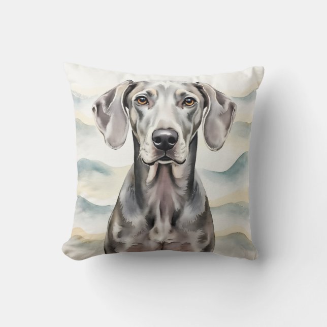 Weimaraner Watercolor Silver Wave Art Throw Pillow (Front)
