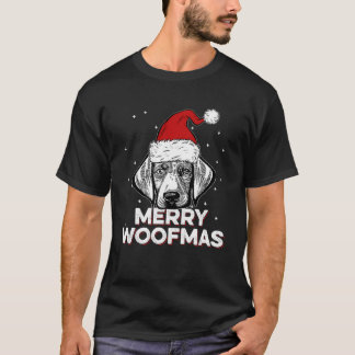 Weimaraner Wearing Christmas Santa Hat Merry Woofm T-Shirt
