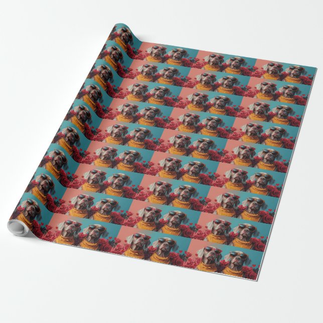 Weimaraner with Heart Roses Valentine's Day  Wrapping Paper (Unrolled)