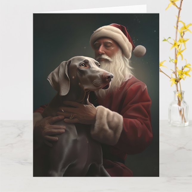 Weimaraner With Santa Claus Festive Christmas Card (Yellow Flower)