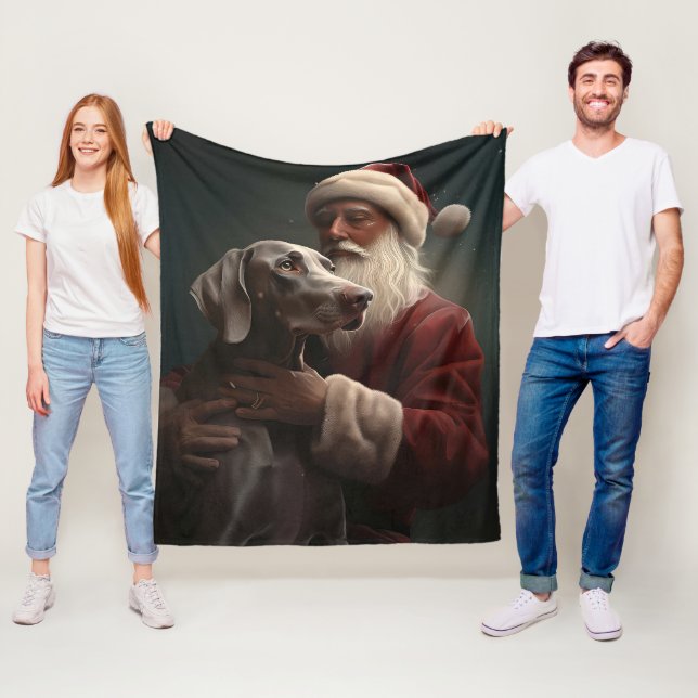 Weimaraner With Santa Claus Festive Christmas Fleece Blanket (In Situ)