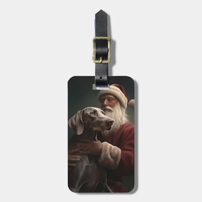 Weimaraner With Santa Claus Festive Christmas Luggage Tag (Front Vertical)