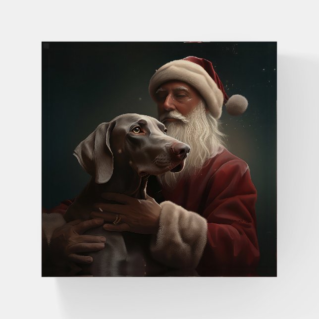 Weimaraner With Santa Claus Festive Christmas Paperweight (Front)