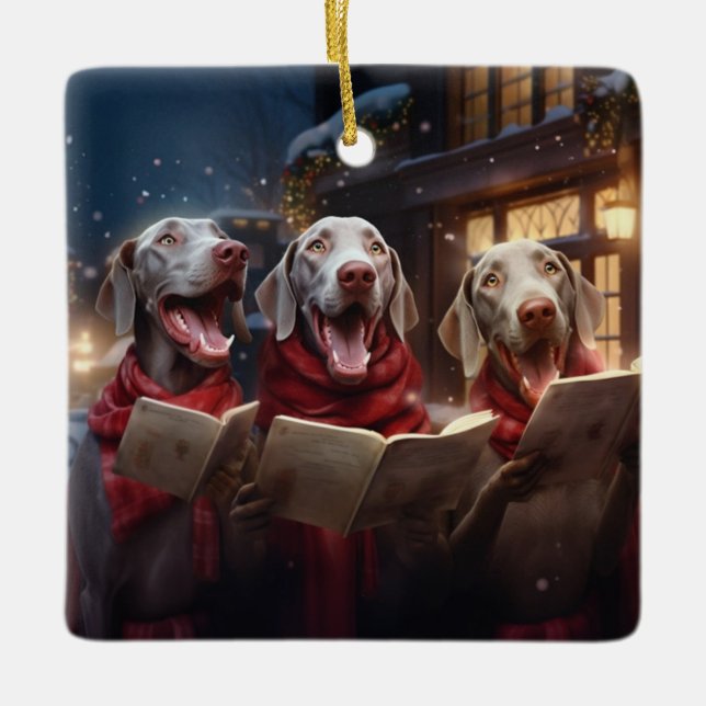 Weimaraners Christmas Caroling Festive Holiday Ceramic Ornament (Front)