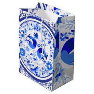 Weimaraners, Rabbits and Birds Otomi Blue & White  Medium Gift Bag