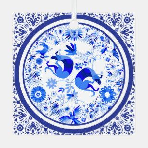 Weimaraners, Rabbits and Birds Otomi Blue & White Metal Ornament