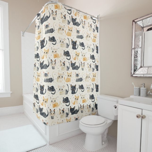 Weird Cats Pattern Shower Curtain (In Situ)