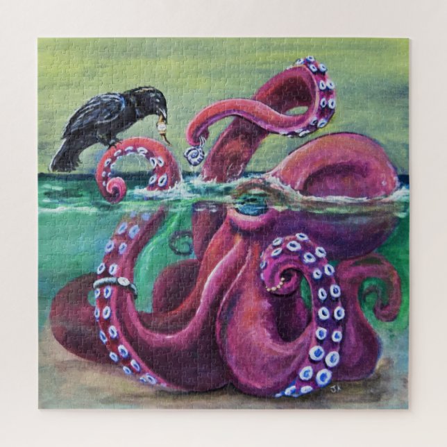 Weird Cute Octopus and Crow best friends art Jigsaw Puzzle (Vertical)