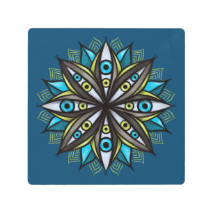 Weird Eyes Mandala Art - Trippy Flower Blue Green
