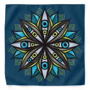 Weird Eyes Mandala Art - Trippy Flower Blue Green Bandana