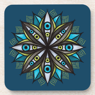 Weird Eyes Mandala Art - Trippy Flower Blue Green Beverage Coaster