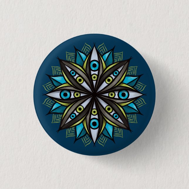 Weird Eyes Mandala Art - Trippy Flower Blue Green Button (Front)