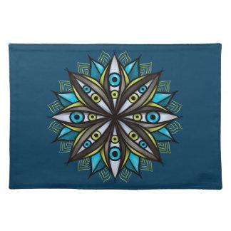 Weird Eyes Mandala Art - Trippy Flower Blue Green Cloth Placemat