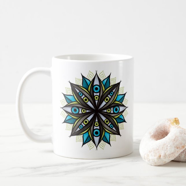 Weird Eyes Mandala Art - Trippy Flower Blue Green Coffee Mug (With Donut)