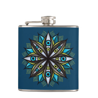 Weird Eyes Mandala Art - Trippy Flower Blue Green Flask