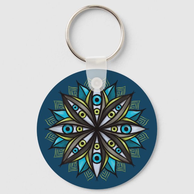 Weird Eyes Mandala Art - Trippy Flower Blue Green Keychain (Front)