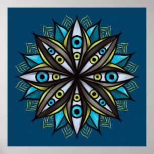 Weird Eyes Mandala Art - Trippy Flower Blue Green Poster