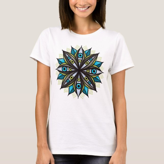 Weird Eyes Mandala Art - Trippy Flower Blue Green T-Shirt (Front)