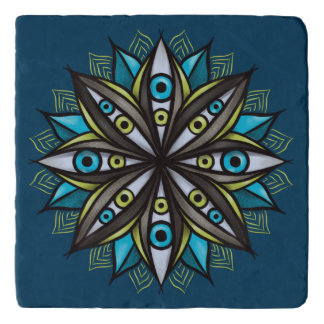 Weird Eyes Mandala Art - Trippy Flower Blue Green Trivet