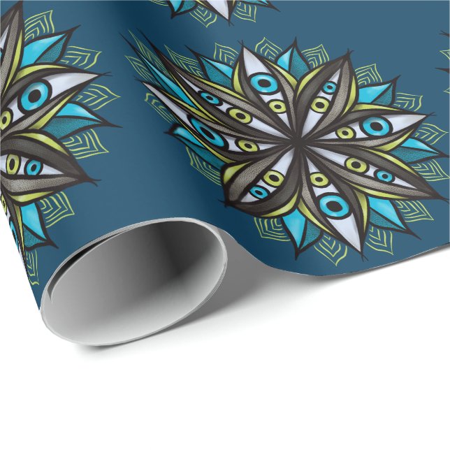 Weird Eyes Mandala Art - Trippy Flower Blue Green Wrapping Paper (Roll Corner)