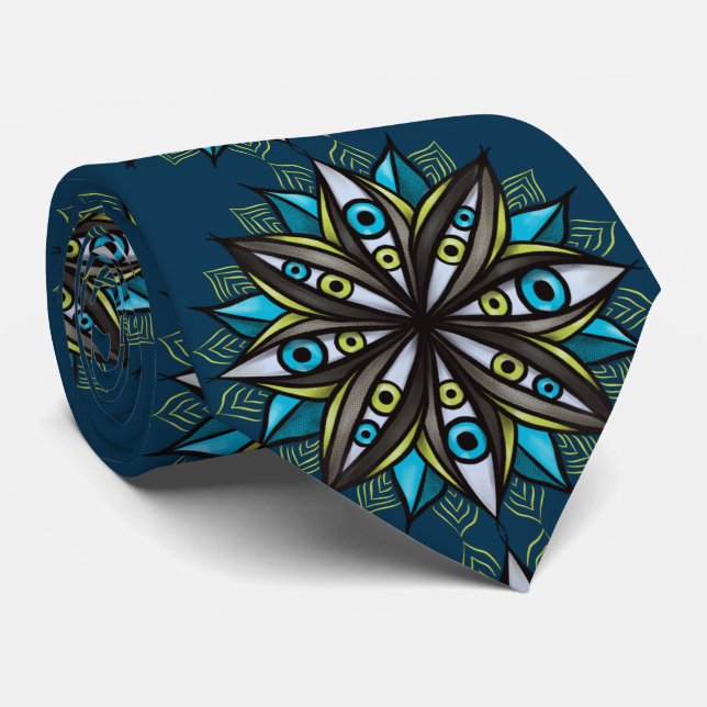 Weird Eyes With Double Iris Flower Mandala Neck Tie (Rolled)