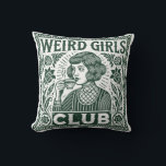 Weird Girls Club  Throw Pillow<br><div class="desc">Welcome to the "Weird Girls Club, " where individuality and self-expression reign supreme. This vintage-inspired design features a quirky girl enjoying a cup of tea, surrounded by intricate floral details. With its whimsical and retro aesthetic, this artwork celebrates the beauty of being unique and embracing one’s weirdness. Perfect for free...</div>