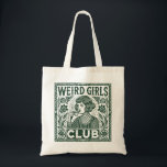 Weird Girls Club  Tote Bag<br><div class="desc">Welcome to the "Weird Girls Club, " where individuality and self-expression reign supreme. This vintage-inspired design features a quirky girl enjoying a cup of tea, surrounded by intricate floral details. With its whimsical and retro aesthetic, this artwork celebrates the beauty of being unique and embracing one’s weirdness. Perfect for free...</div>