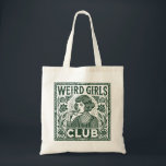 Weird Girls Club  Tote Bag<br><div class="desc">Welcome to the "Weird Girls Club, " where individuality and self-expression reign supreme. This vintage-inspired design features a quirky girl enjoying a cup of tea, surrounded by intricate floral details. With its whimsical and retro aesthetic, this artwork celebrates the beauty of being unique and embracing one’s weirdness. Perfect for free...</div>