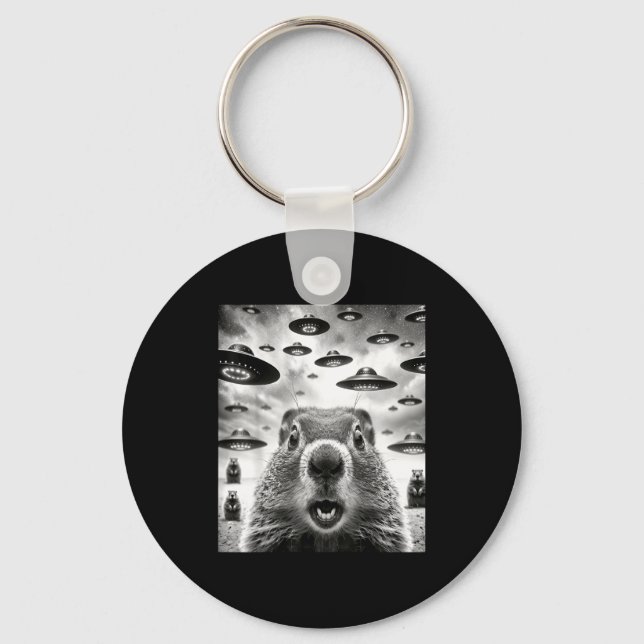 Weird Groundhogs Selfie With Alien Ufo Funny Groun Keychain (Front)