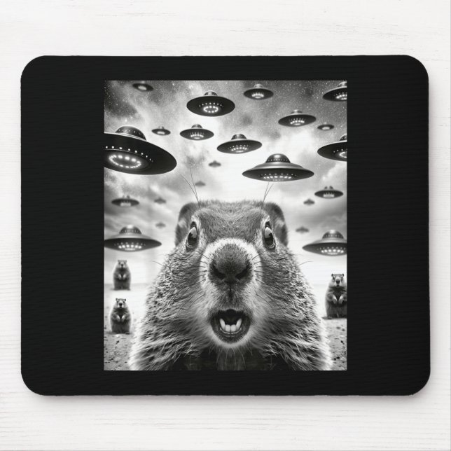 Weird Groundhogs Selfie With Alien Ufo Funny Groun Mouse Pad (Front)
