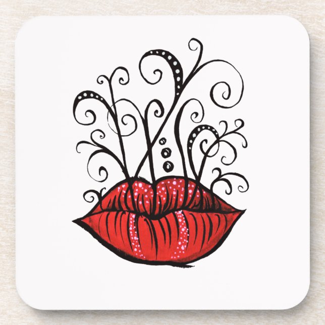 Weird Lips Ink Drawing Tattoo Style Beverage Coaster (Front)
