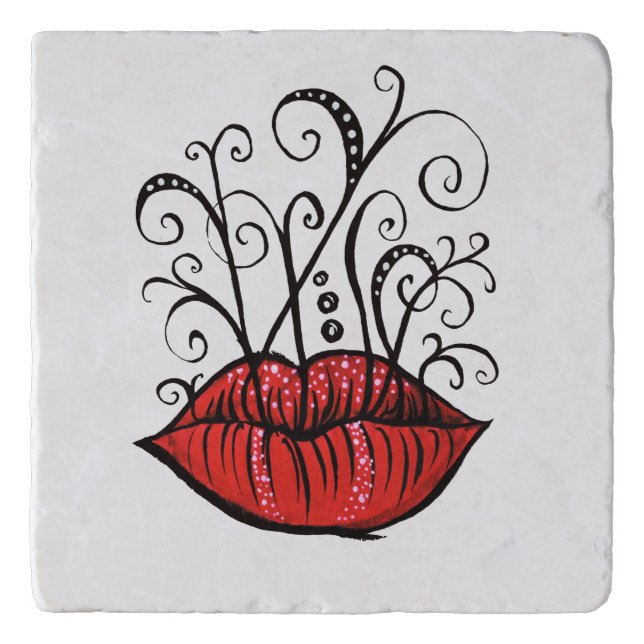Weird Lips Ink Drawing Tattoo Style Trivet (Front)
