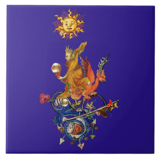 WEIRD MEDIEVAL BESTIARY,ALCHEMIST,RED DRAGON,Blue Ceramic Tile