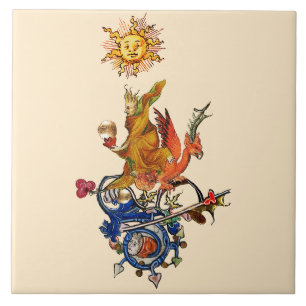WEIRD MEDIEVAL BESTIARY,ALCHEMIST,RED DRAGON ,SUN CERAMIC TILE