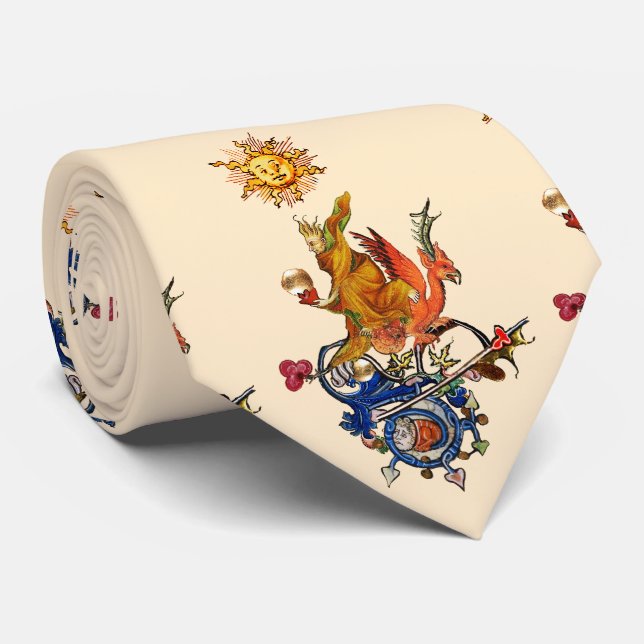 WEIRD MEDIEVAL BESTIARY,ALCHEMIST,RED DRAGON ,SUN  NECK TIE (Rolled)