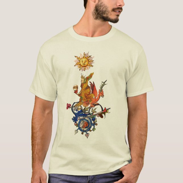 WEIRD MEDIEVAL BESTIARY,ALCHEMIST,RED DRAGON ,SUN  T-Shirt (Front)
