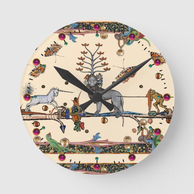WEIRD MEDIEVAL BESTIARY,APOCALIYPTIC BEAST,UNICORN ROUND CLOCK (Front)